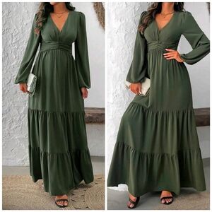 New Flowy Ruched Waist Long Sleeve Tiered Maxi Dress Green